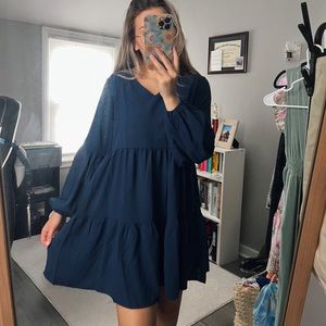 Blue Ruffle Long Sleeve Dress